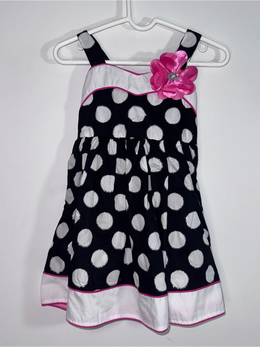 Youngland Girls 2T Black White Polka Dot Party Dress Pink Flower